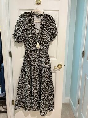 THML Black & Ivory Leopard Print Midi Dress with Tassel Tie